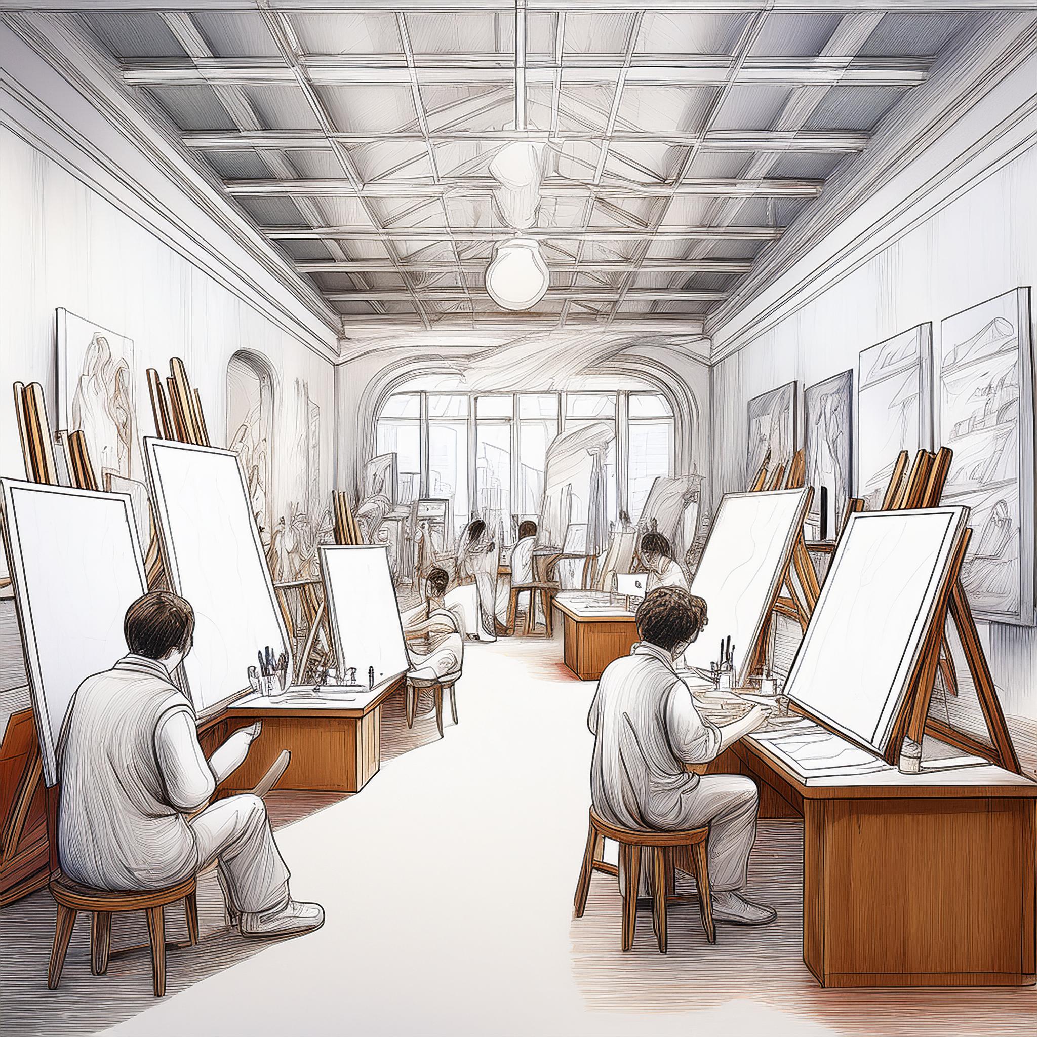 Firefly een tekening van een kunstatelier met kunstenaars aan het werk waar veel wit in zit 32576